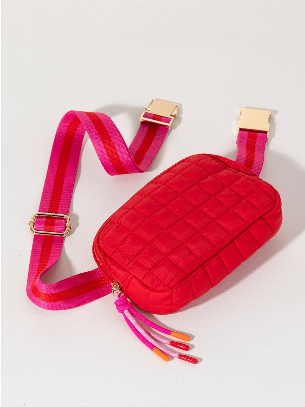 Shiraleah Red Quilted Crossbody Belt Bag with Pink-Striped Strap